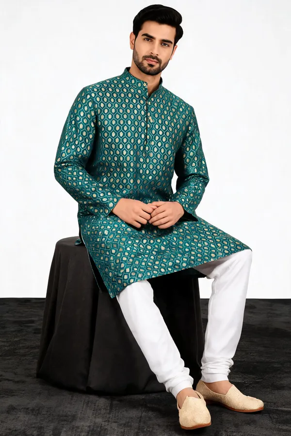 Green_Jacquard_Regular_Fit_Kurta_Pajama_Set_For_Men