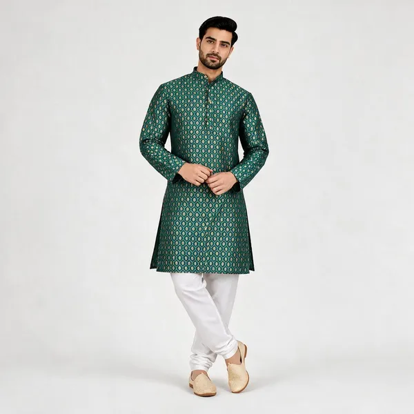 Green_Jacquard_Regular_Fit_Kurta_Pajama_Set_For_Men