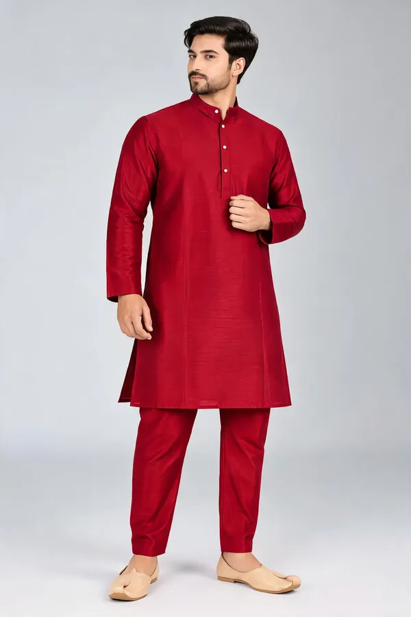 Red_Slub_Straight_Fit_Kurta_Pajama_Set_For_Men