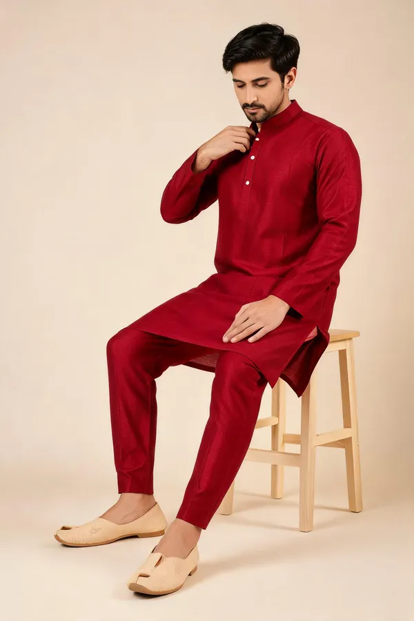 Red_Slub_Straight_Fit_Kurta_Pajama_Set_For_Men