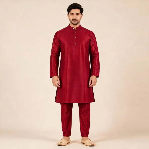 Red_Slub_Straight_Fit_Kurta_Pajama_Set_For_Men