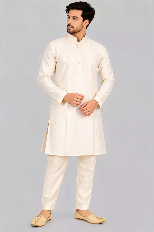 Cream_Slub_Straight_Kurta_Pajama_For_Men