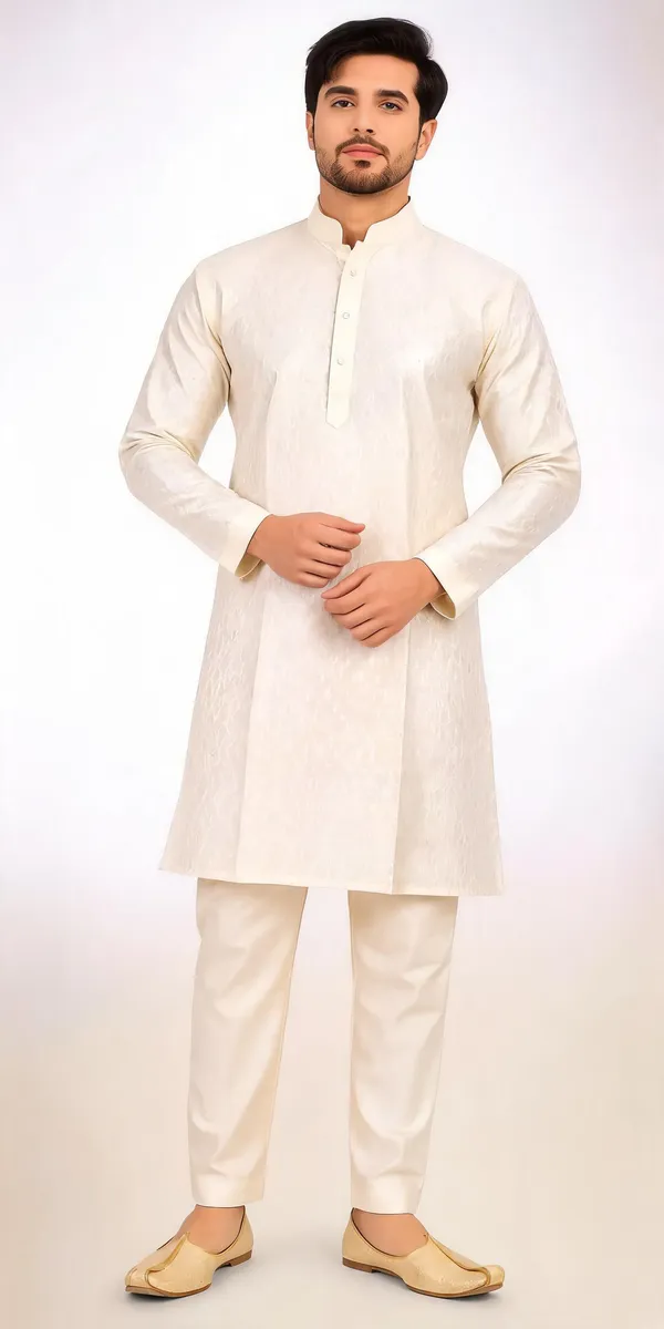 Cream_Slub_Straight_Kurta_Pajama_For_Men
