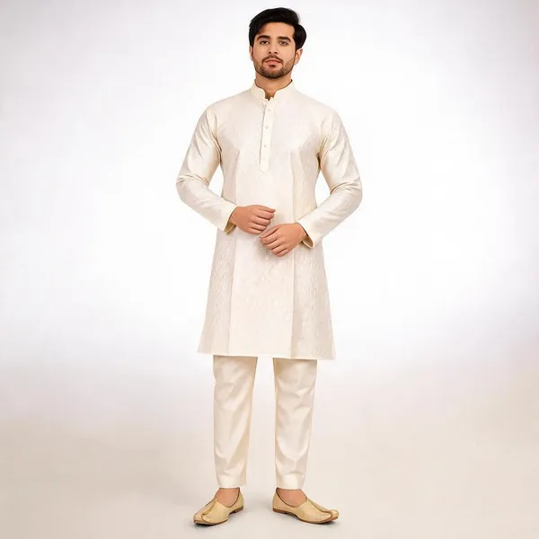 Cream_Slub_Straight_Kurta_Pajama_For_Men