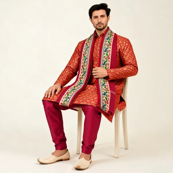 Mehandi_Jacquard_Printed_Kurta_Pajama_Set_For_Men