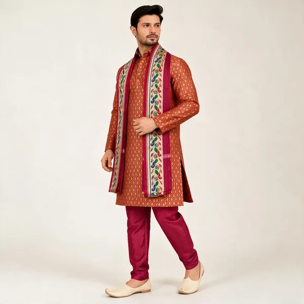 Mehandi_Jacquard_Printed_Kurta_Pajama_Set_For_Men