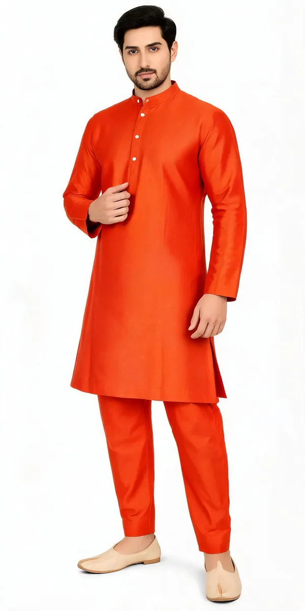 Orange_Slub_Straight_Kurta_Pajama_Set_For_Men