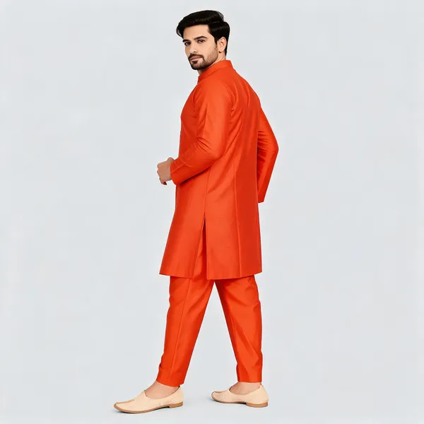 Orange_Slub_Straight_Kurta_Pajama_Set_For_Men