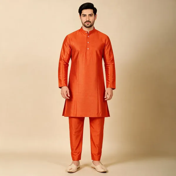 Orange_Slub_Straight_Kurta_Pajama_Set_For_Men