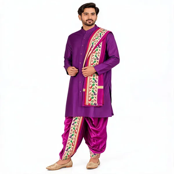 Purple_Slub_Straight_Kurta_Dhoti_Set_For_Men
