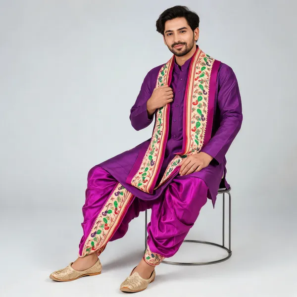 Purple_Slub_Straight_Kurta_Dhoti_Set_For_Men