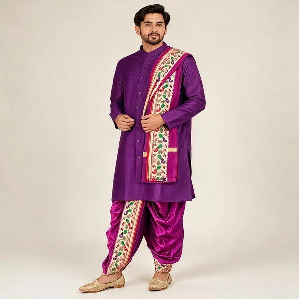 Purple_Slub_Straight_Kurta_Dhoti_Set_For_Men