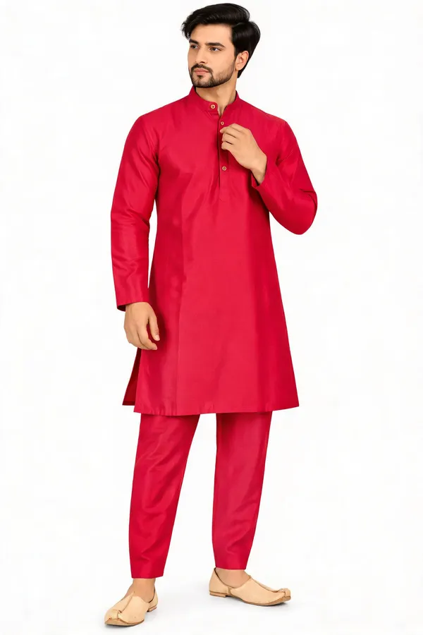 Red_Slub_Straight_Fit_Kurta_Pyjama_Set_For_Men