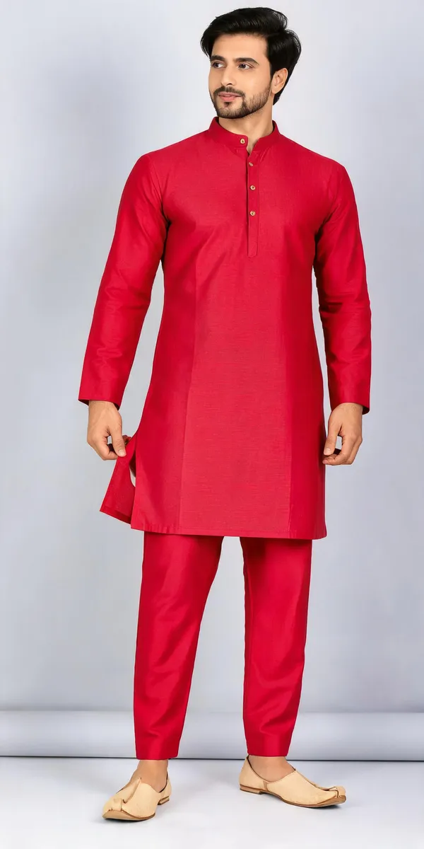 Red_Slub_Straight_Fit_Kurta_Pyjama_Set_For_Men
