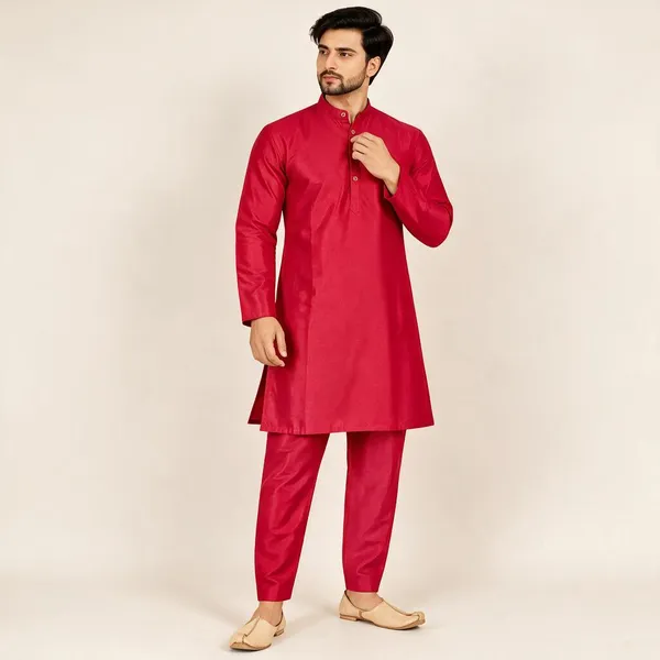 Red_Slub_Straight_Fit_Kurta_Pyjama_Set_For_Men