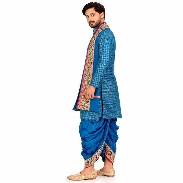 Royal_Blue_Jacquard_Printed_Kurta_Dhoti_Set_For_Men