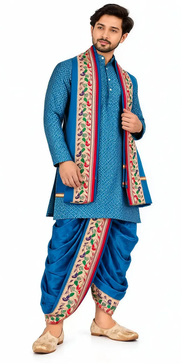 Royal_Blue_Jacquard_Printed_Kurta_Dhoti_Set_For_Men