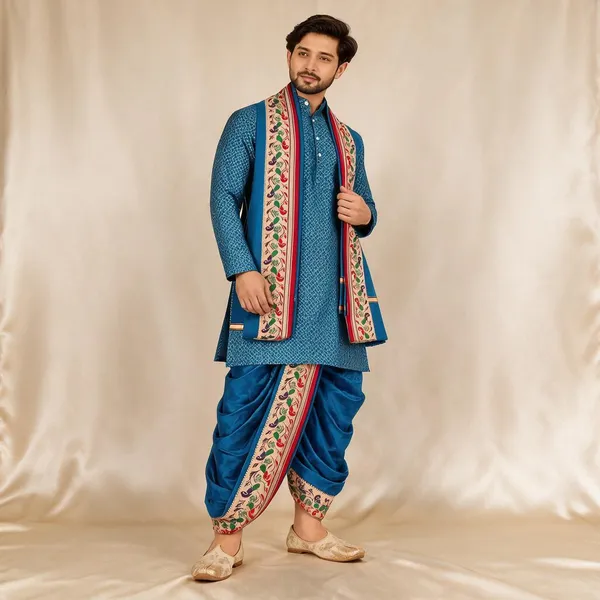 Royal_Blue_Jacquard_Printed_Kurta_Dhoti_Set_For_Men