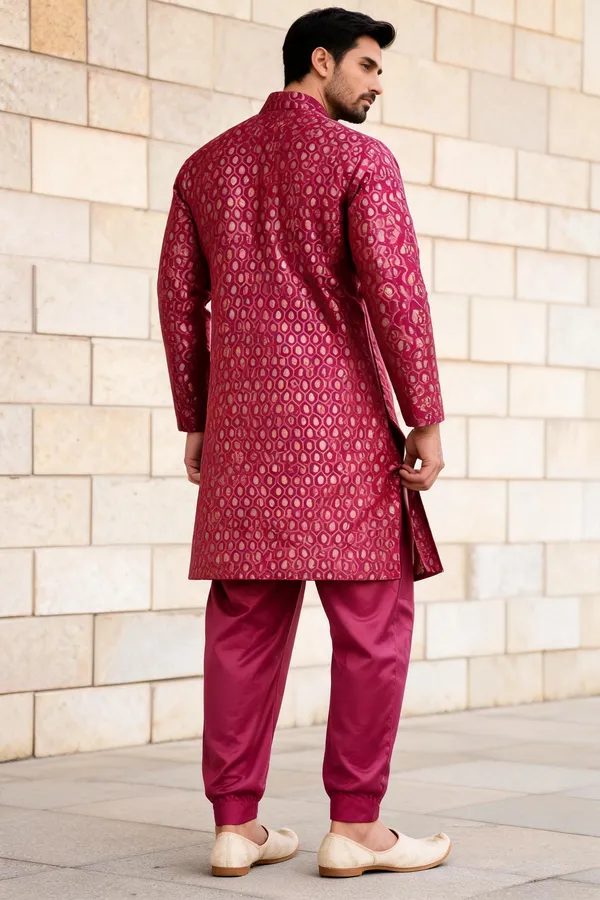 Royal_Maroon_Jacquard_Printed_Kurta_Pajama_Set_For_Men