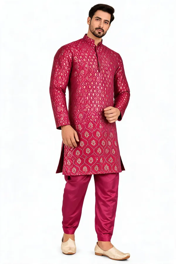 Royal_Maroon_Jacquard_Printed_Kurta_Pajama_Set_For_Men