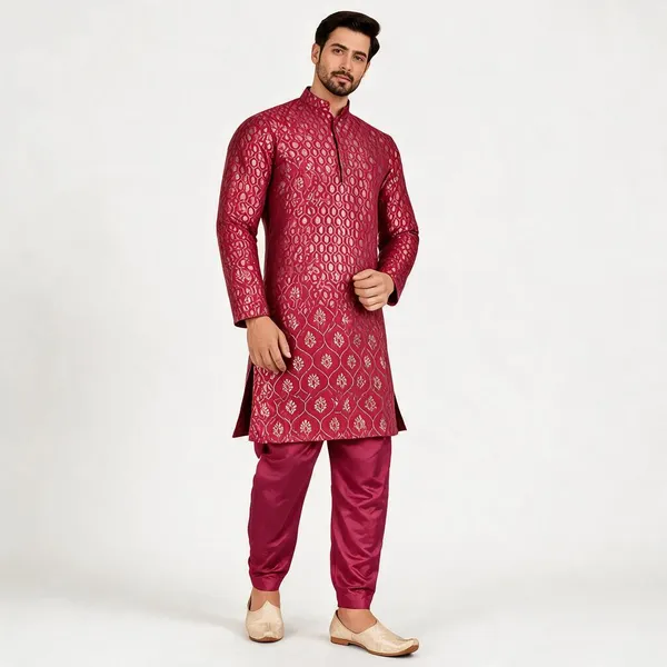 Royal_Maroon_Jacquard_Printed_Kurta_Pajama_Set_For_Men