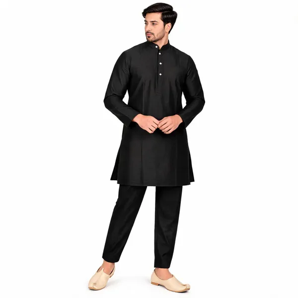 Black_Slub_Mandarin_Collar_Kurta_Set_For_Men