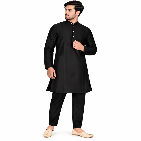 Black_Slub_Mandarin_Collar_Kurta_Set_For_Men