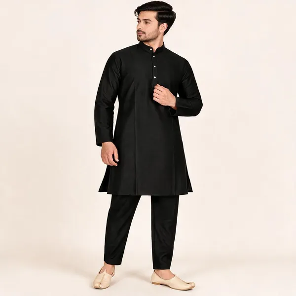 Black_Slub_Mandarin_Collar_Kurta_Set_For_Men