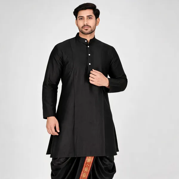 Black_Slub_Traditional_Kurta_Dhoti_Set_For_Men