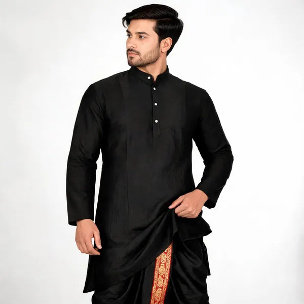 Black_Slub_Traditional_Kurta_Dhoti_Set_For_Men
