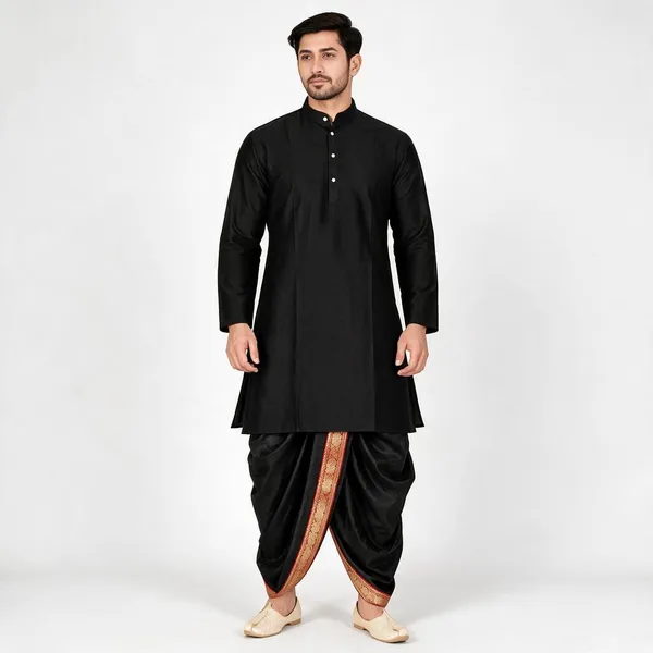 Black_Slub_Traditional_Kurta_Dhoti_Set_For_Men
