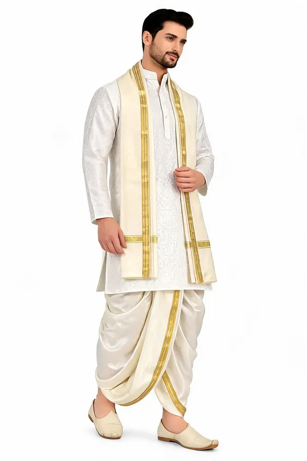 White_Jacquard_Straight_Kurta_Dhoti_Set_For_Men