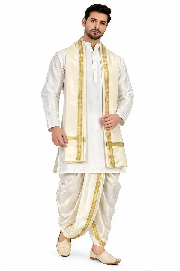 White_Jacquard_Straight_Kurta_Dhoti_Set_For_Men