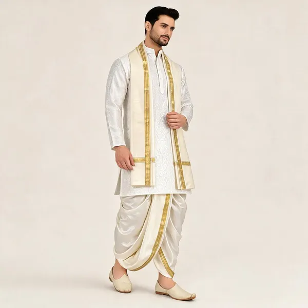White_Jacquard_Straight_Kurta_Dhoti_Set_For_Men