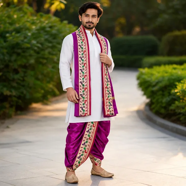 White_Purple_Slub_Embroidered_Kurta_Dhoti_Set_For_Men