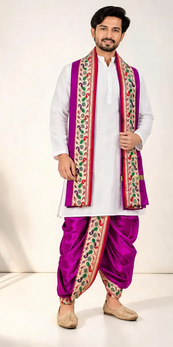 White_Purple_Slub_Embroidered_Kurta_Dhoti_Set_For_Men
