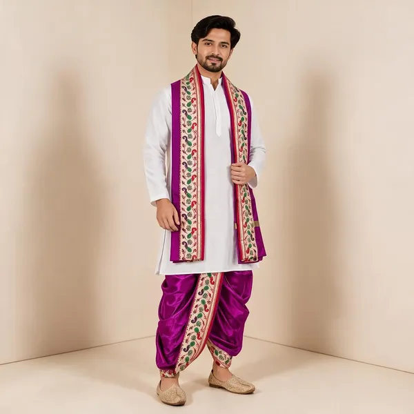 White_Purple_Slub_Embroidered_Kurta_Dhoti_Set_For_Men