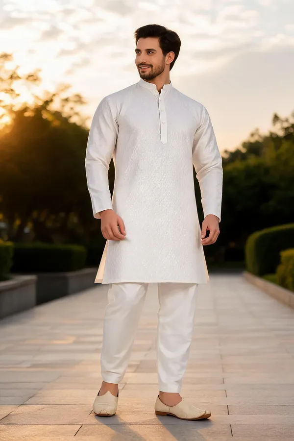 White_Slub_Straight_Fit_Kurta_Pajama_Set_For_Men