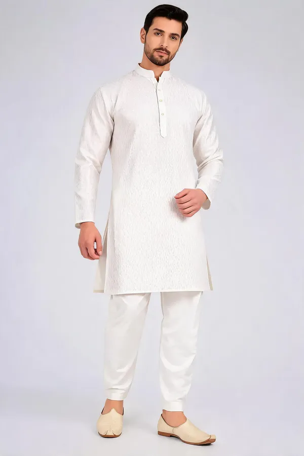 White_Slub_Straight_Fit_Kurta_Pajama_Set_For_Men