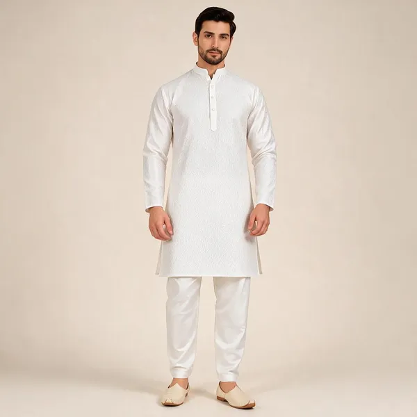 White_Slub_Straight_Fit_Kurta_Pajama_Set_For_Men