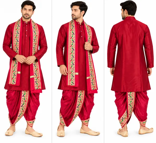 Red_Traditional_Kurta_jakart_dhoti_shilk_Set_for_Men