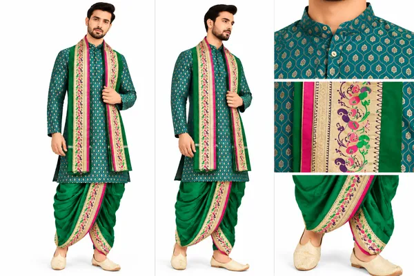 Green_Printed_Kurta_Dhoti_Set_With_Stole_for_Men