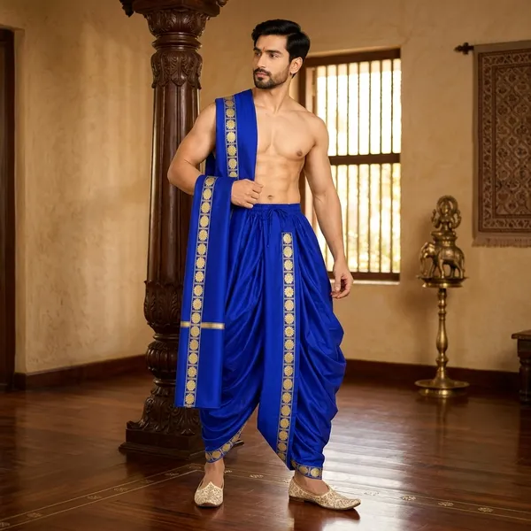 Blue_Silk_Traditional_Dhoti_With_Dupatta_For_Men