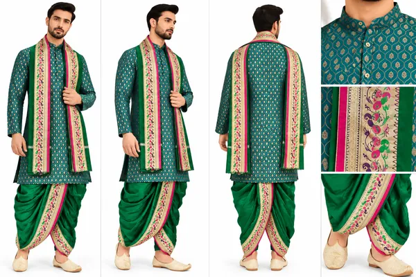 Green_Printed_Kurta_Dhoti_Set_With_Stole_for_Men