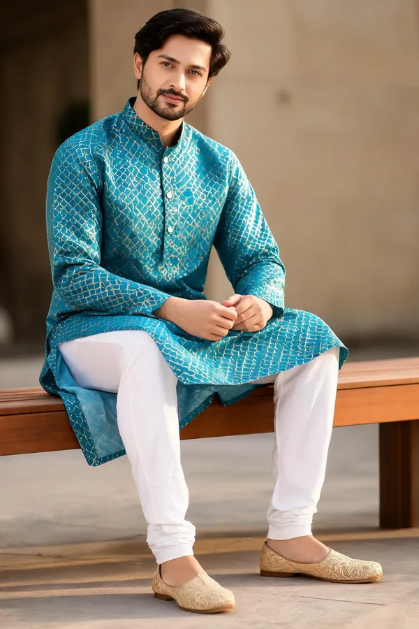 Royal_Blue_Jacquard_Printed_Straight_Kurta_For_Men