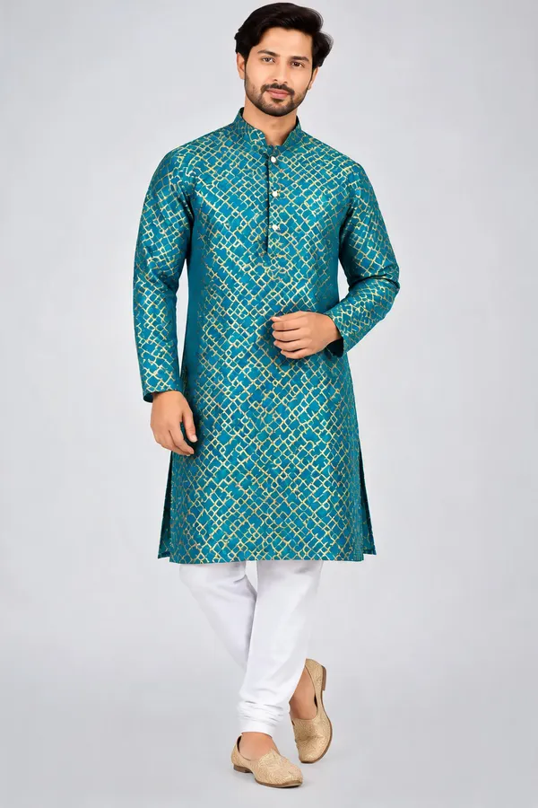 Royal_Blue_Jacquard_Printed_Straight_Kurta_For_Men