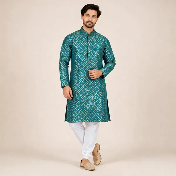 Royal_Blue_Jacquard_Printed_Straight_Kurta_For_Men