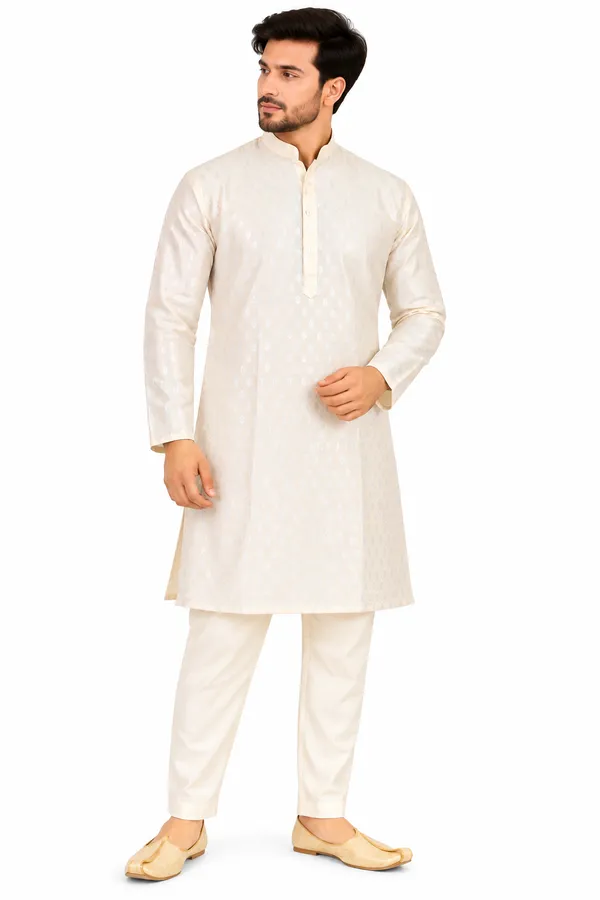 Cream_Jacquard_Straight_Kurta_For_Men