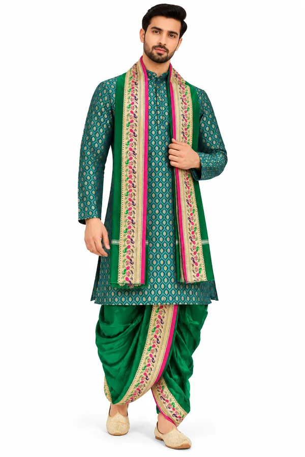 Green_Printed_Kurta_Dhoti_Set_With_Stole_for_Men