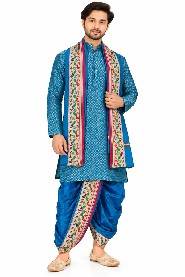 Royal_Blue_Printed_Kurta_Dhoti_Stole_Set_for_Men